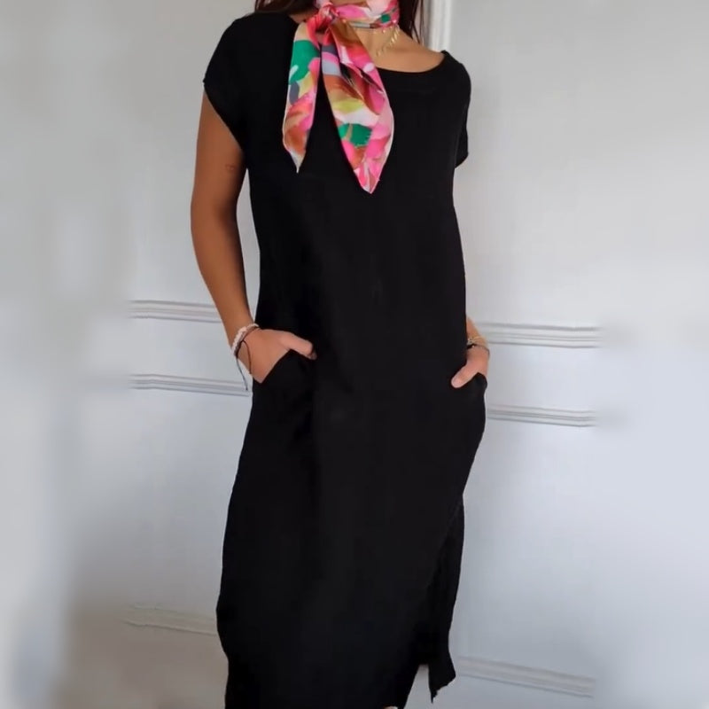 Νέο το 2025! 🔥Γυναικείο λινό φόρεμα με στρογγυλή λαιμόκοψη και κοντό μανίκι-GR