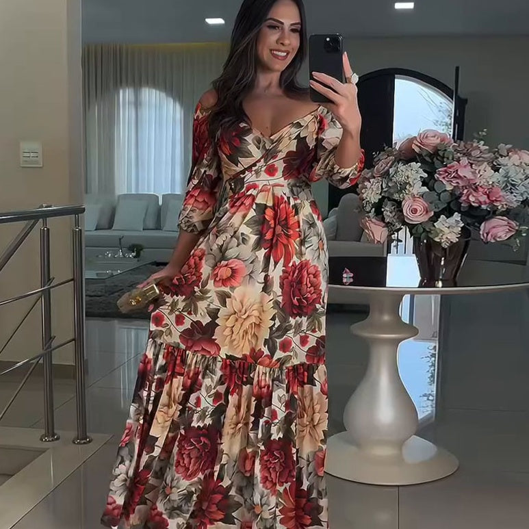 💃Ženske obleke z nabranim V-izrezom in rožami - GR