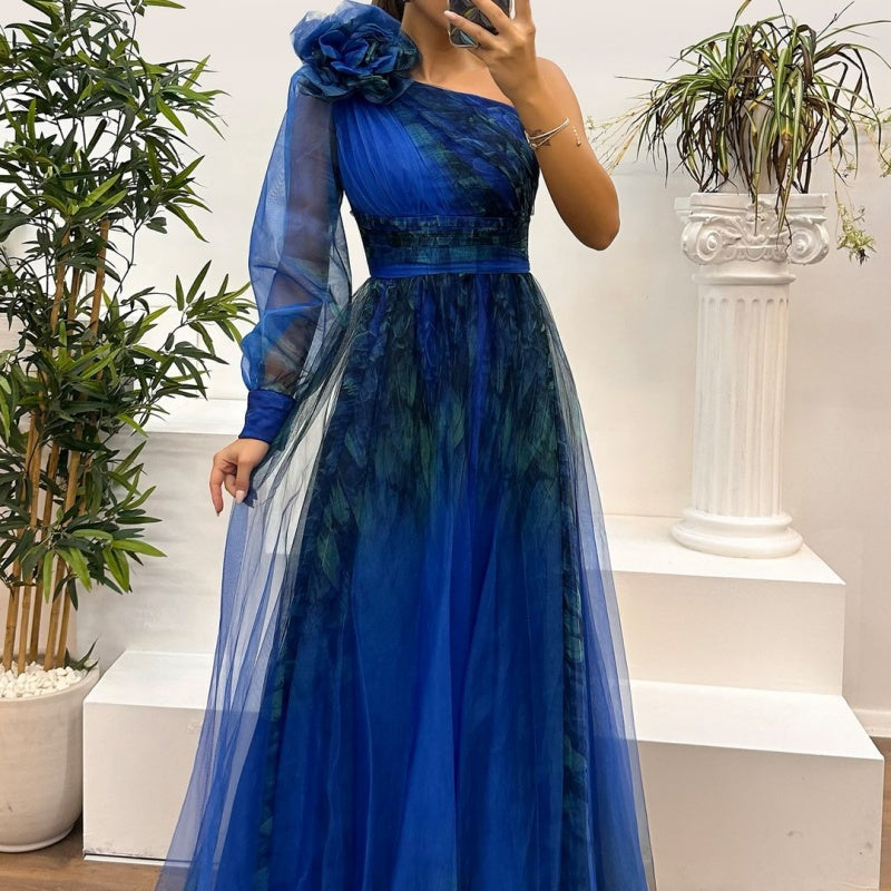 Γυναικεία Φορέματα με Στάμπα και Λοξούς Ώμους-GR