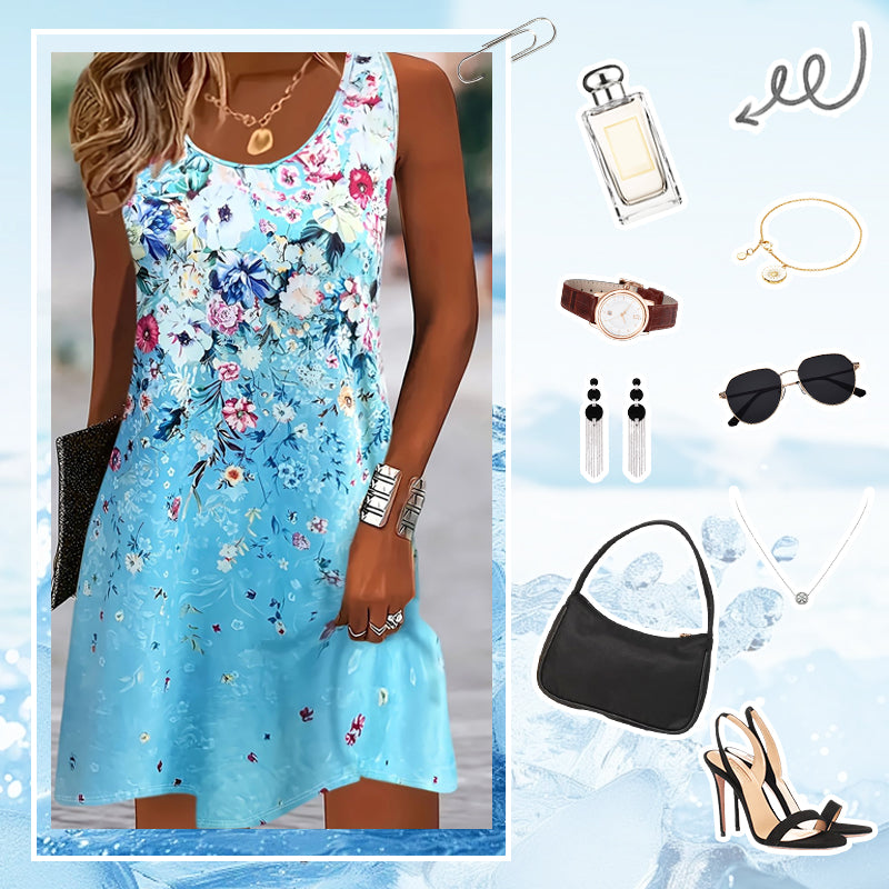 Γυναικείο καλοκαιρινό φόρεμα με φλοράλ μανίκια και αμάνικο τελείωμα-GR