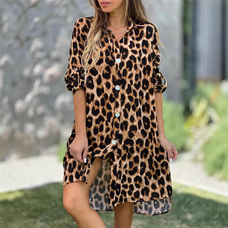 Plus size obleka s srajco z leopardjim vzorcem - GR