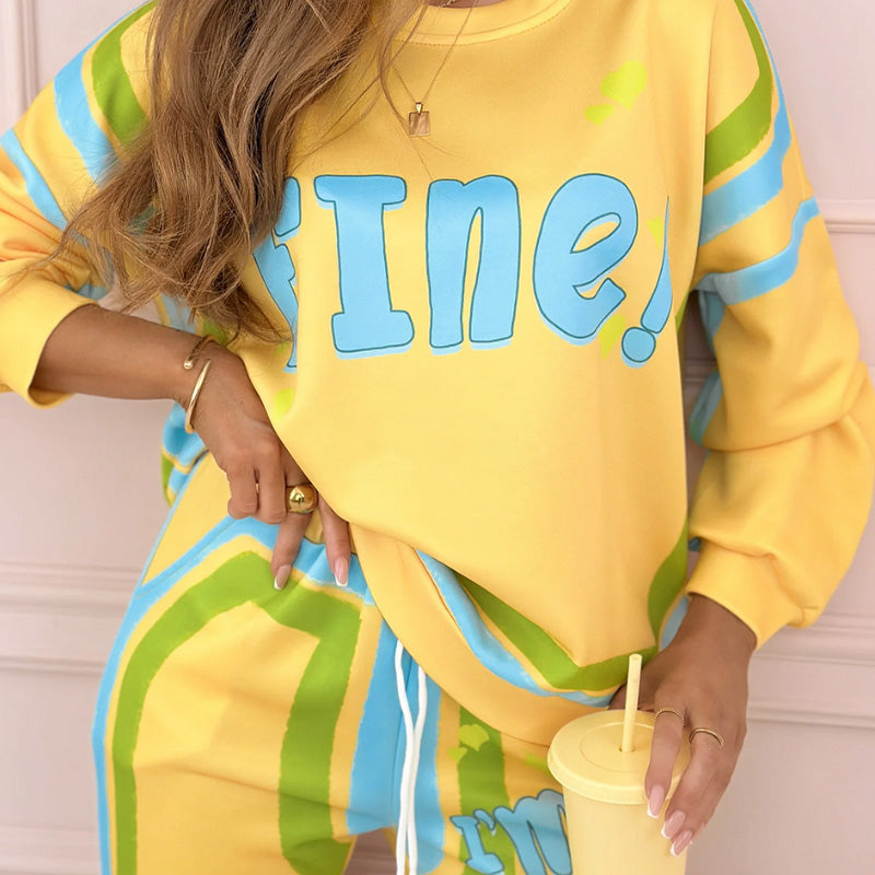 ✨Σετ πολύχρωμης γυναικείας φόρμας: φούτερ + παντελόνι με τύπωμα-GR