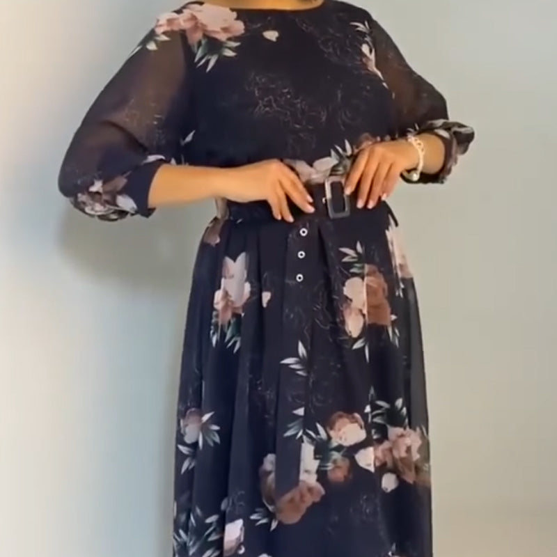 【S-4XL】🌺 Gėlėta apvalios iškirptės suknelė su diržu-LT