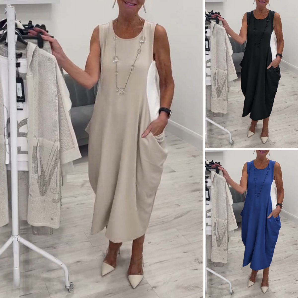 ✨Paprasta lininė suknelė be rankovių su kišenėmis-LT