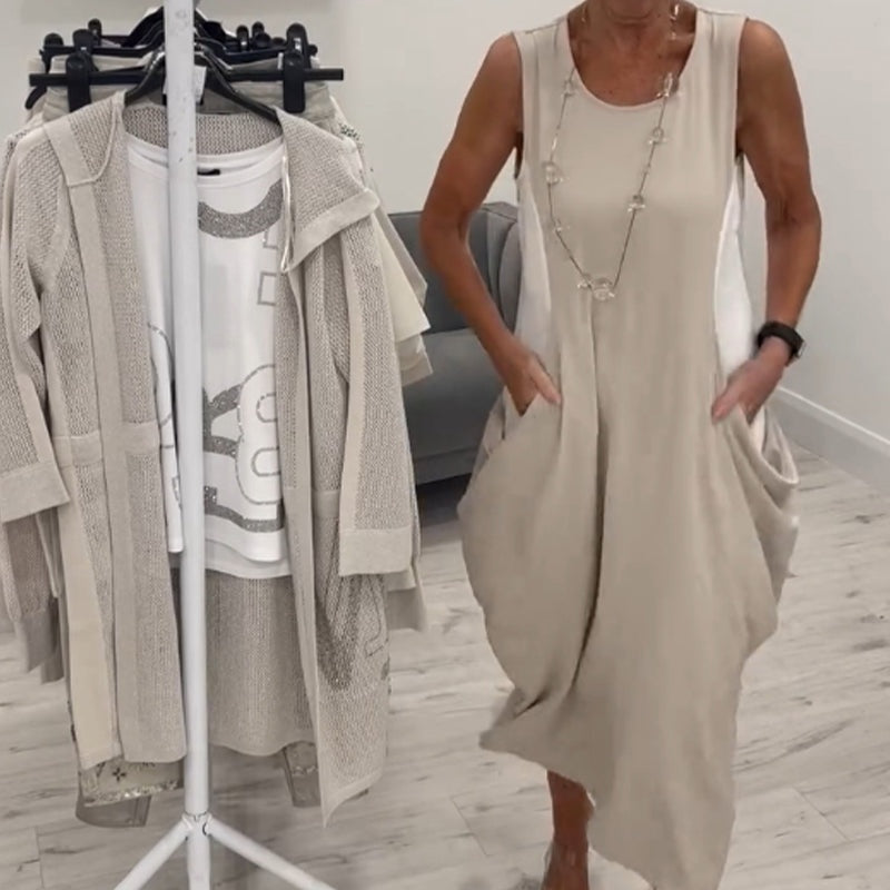 ✨Απλό αμάνικο λινό φόρεμα με τσέπες-GR