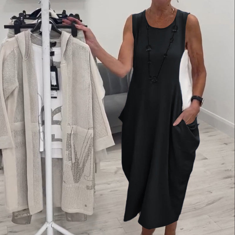✨Paprasta lininė suknelė be rankovių su kišenėmis-LT