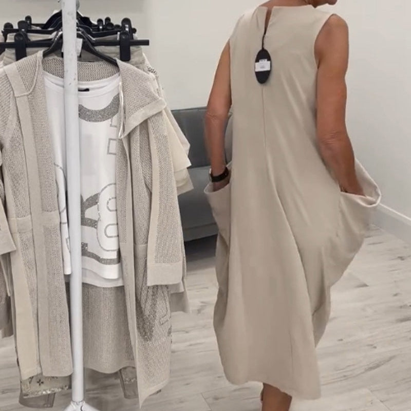 ✨Απλό αμάνικο λινό φόρεμα με τσέπες-GR