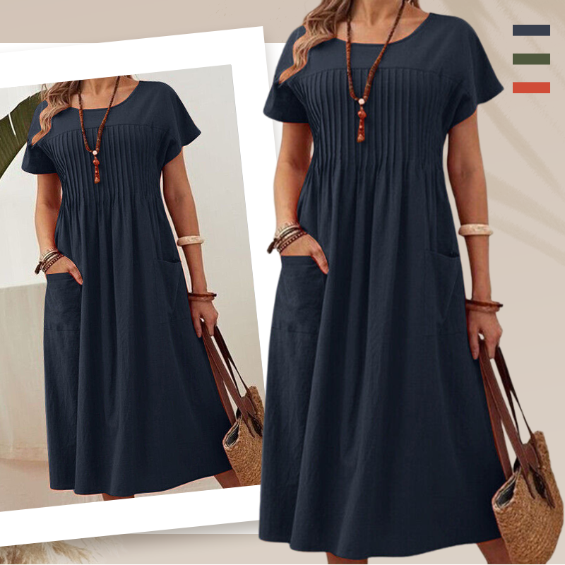 Γυναικείο πλισέ φόρεμα με κοντά μανίκια και τσέπες-GR