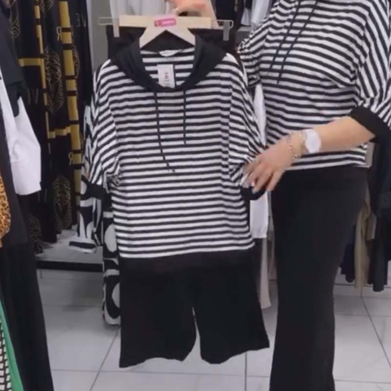 ✨ Moteriškų dryžuotų viršutinių ir vienspalvių kelnių rinkinys-LT