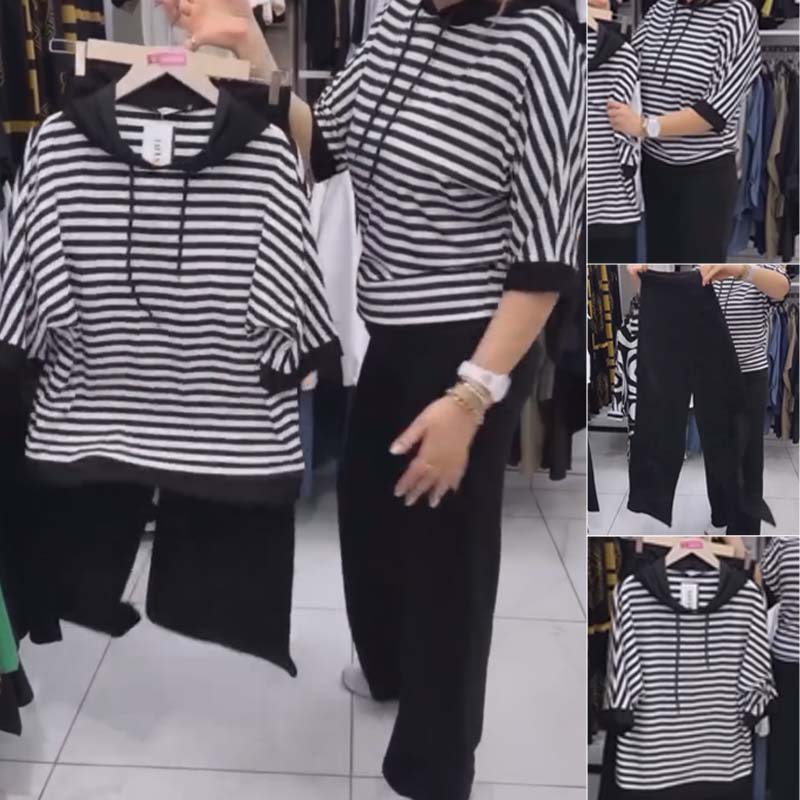 ✨ Moteriškų dryžuotų viršutinių ir vienspalvių kelnių rinkinys-LT