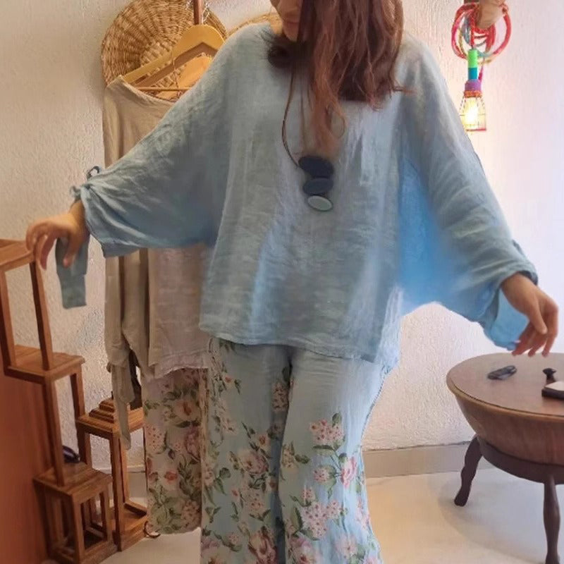 ⏳ Ribotą laiką taikoma 45 % nuolaida! 💥Moteriška laisvo kirpimo palaidinė ir plačios kelnės su gėlių raštu-LT