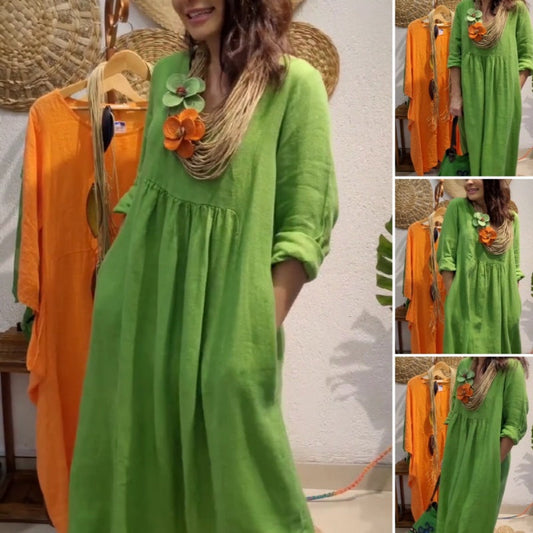 💖Omejen popust 20% POPUST💖Ženska lanena obleka z dolgimi rokavi Boho-GR