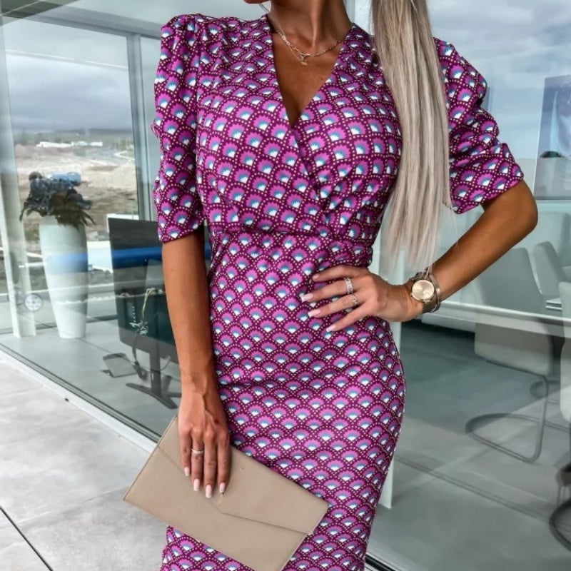 Γυναικεία φορέματα με κοντό μανίκι και V λαιμόκοψη-GR