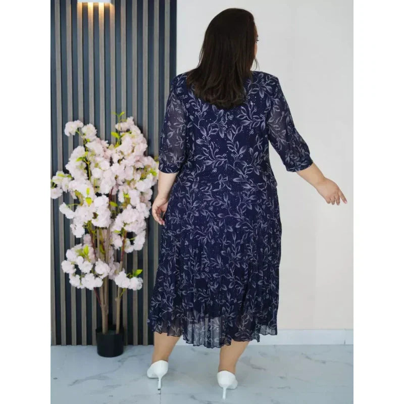 Φόρεμα μάξι με στρογγυλή λαιμόκοψη και μανίκια 3/4 με στάμπα-GR