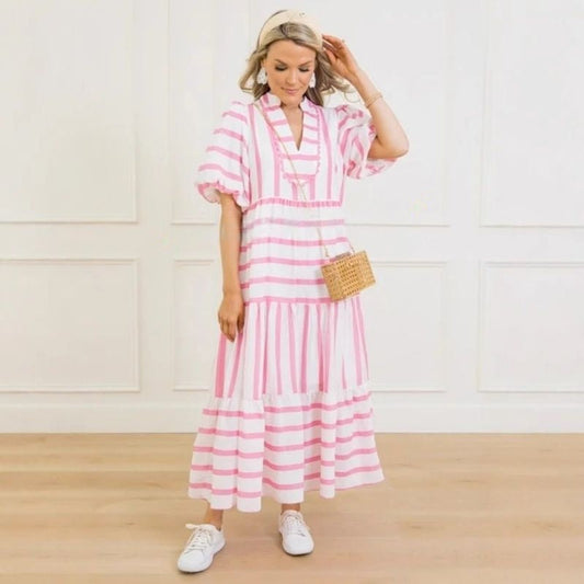 🌸Moteriška vasarinė dryžuota, laisva, kasdieniška, trumpomis rankovėmis suknelė-LT