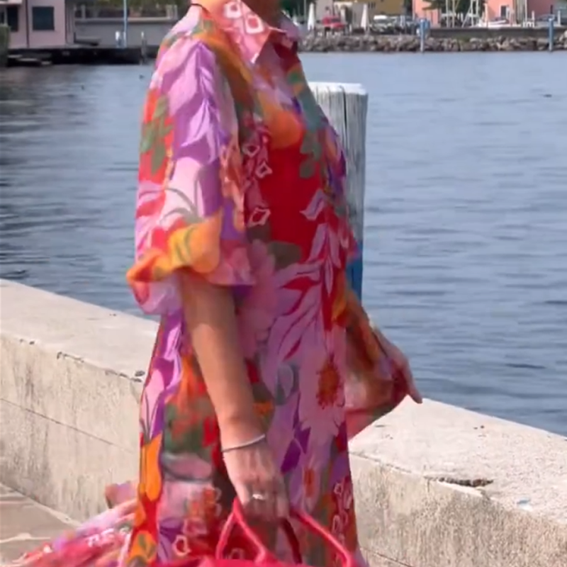 Κόκκινο φόρεμα από σιφόν με φλοράλ τύπωμα-GR