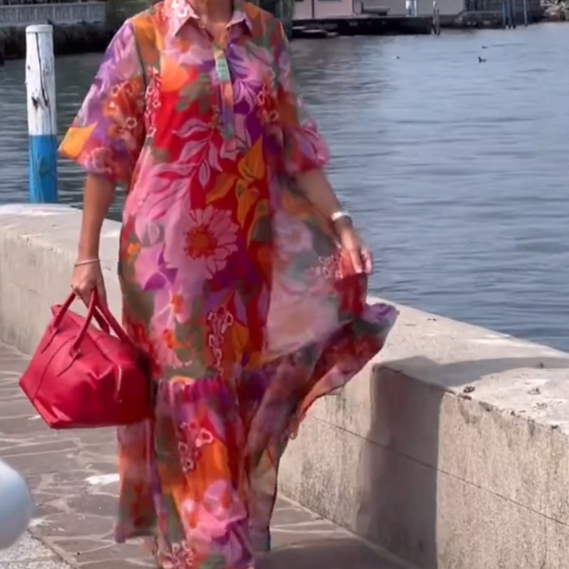 Κόκκινο φόρεμα από σιφόν με φλοράλ τύπωμα-GR