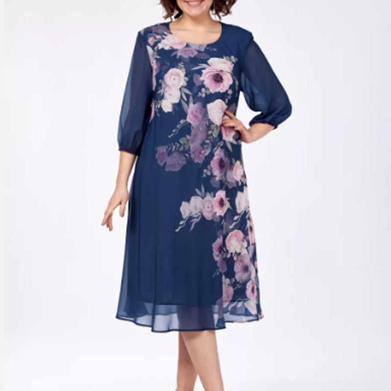 Κομψό φόρεμα από σιφόν με φλοράλ print και στρογγυλή λαιμόκοψη-GR