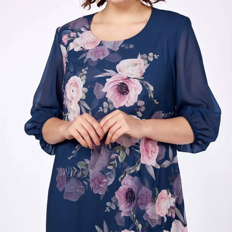 Κομψό φόρεμα από σιφόν με φλοράλ print και στρογγυλή λαιμόκοψη-GR