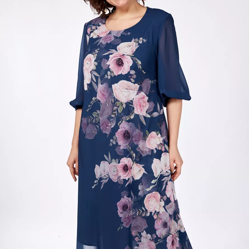 Κομψό φόρεμα από σιφόν με φλοράλ print και στρογγυλή λαιμόκοψη-GR