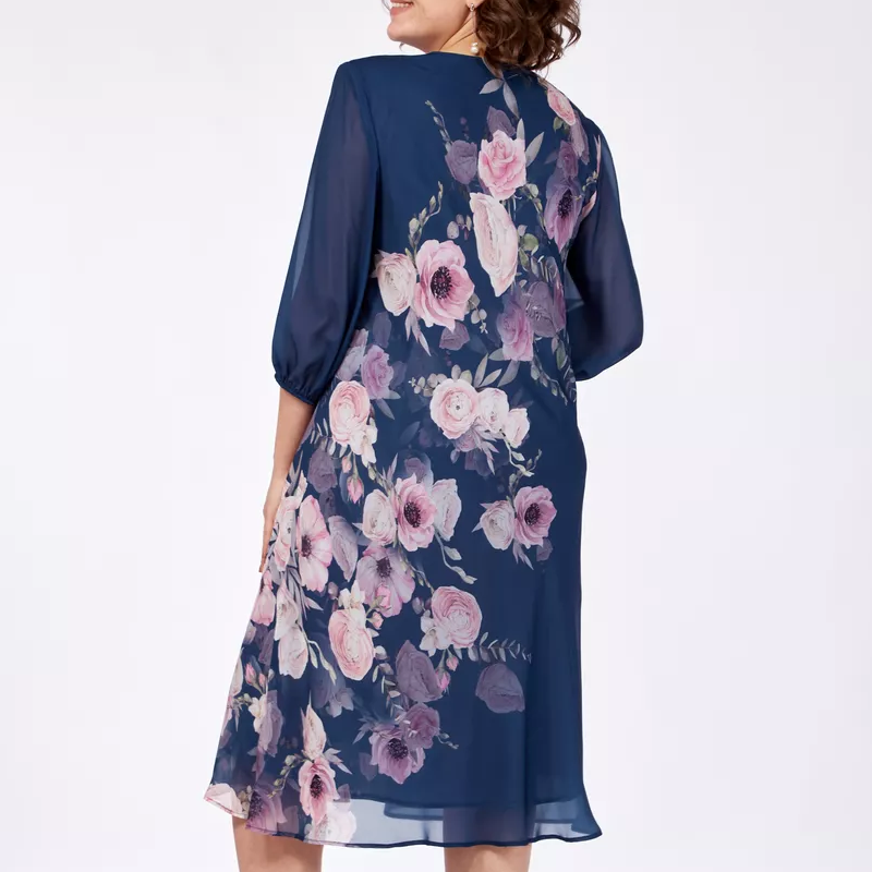 Κομψό φόρεμα από σιφόν με φλοράλ print και στρογγυλή λαιμόκοψη-GR