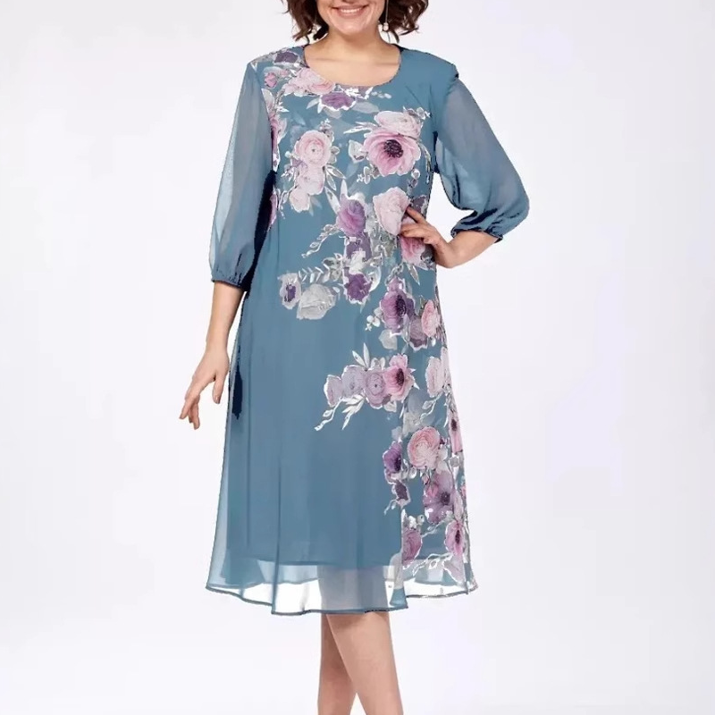 Κομψό φόρεμα από σιφόν με φλοράλ print και στρογγυλή λαιμόκοψη-GR