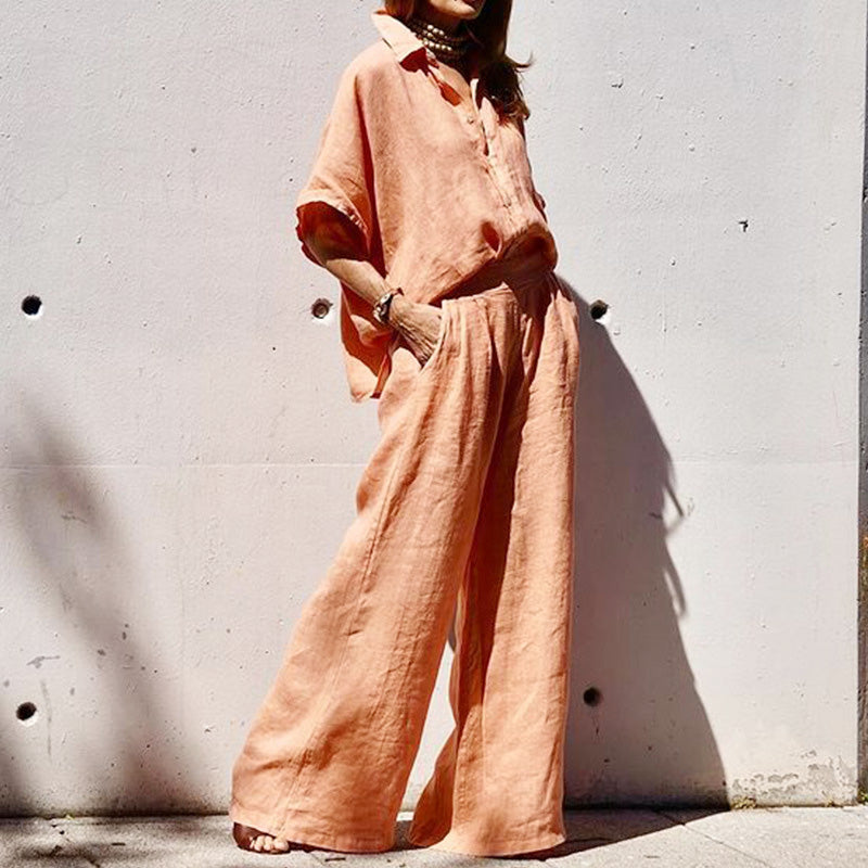 Γυναικείο σετ δύο τεμαχίων σε άτυπο στυλ από βαμβάκι και λινό-GR