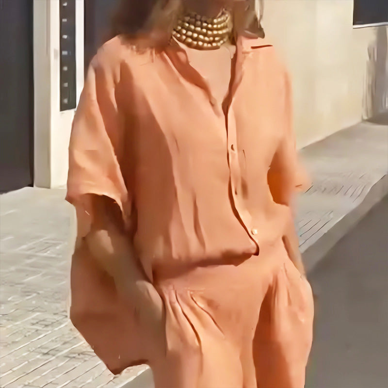 Γυναικείο σετ δύο τεμαχίων σε άτυπο στυλ από βαμβάκι και λινό-GR