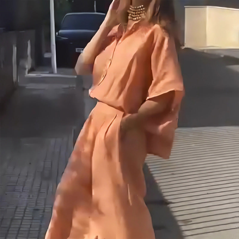 Γυναικείο σετ δύο τεμαχίων σε άτυπο στυλ από βαμβάκι και λινό-GR