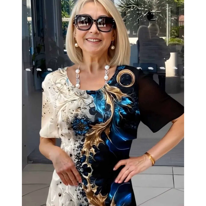 👗 Γυναικείο καλοκαιρινό φόρεμα με φλοράλ print και στρογγυλή λαιμόκοψη, σε γραμμή Α, κοντά μανίκια-GR