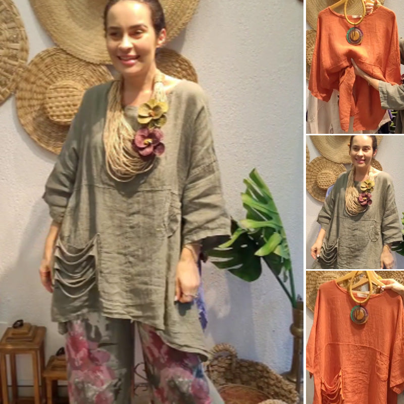 ✨Lininis viršus su šoninėmis kišenėmis moterims, laisvo kirpimo-LT