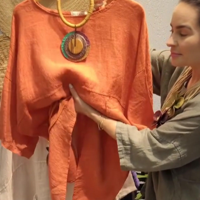 ✨Λινό τοπ με πλαϊνές τσέπες για γυναίκες με χαλαρή εφαρμογή-GR