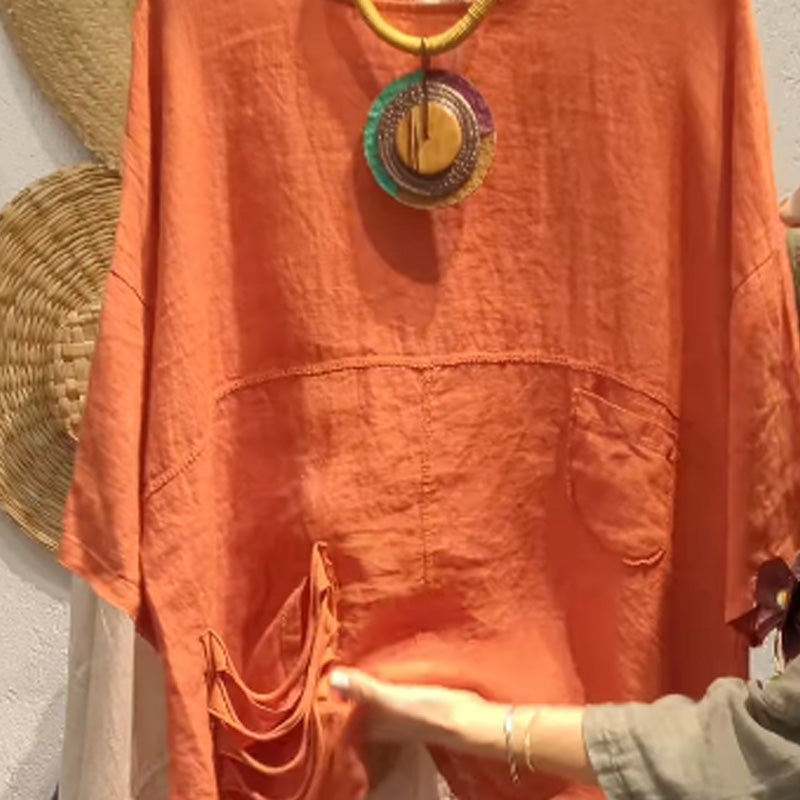 ✨Λινό τοπ με πλαϊνές τσέπες για γυναίκες με χαλαρή εφαρμογή-GR