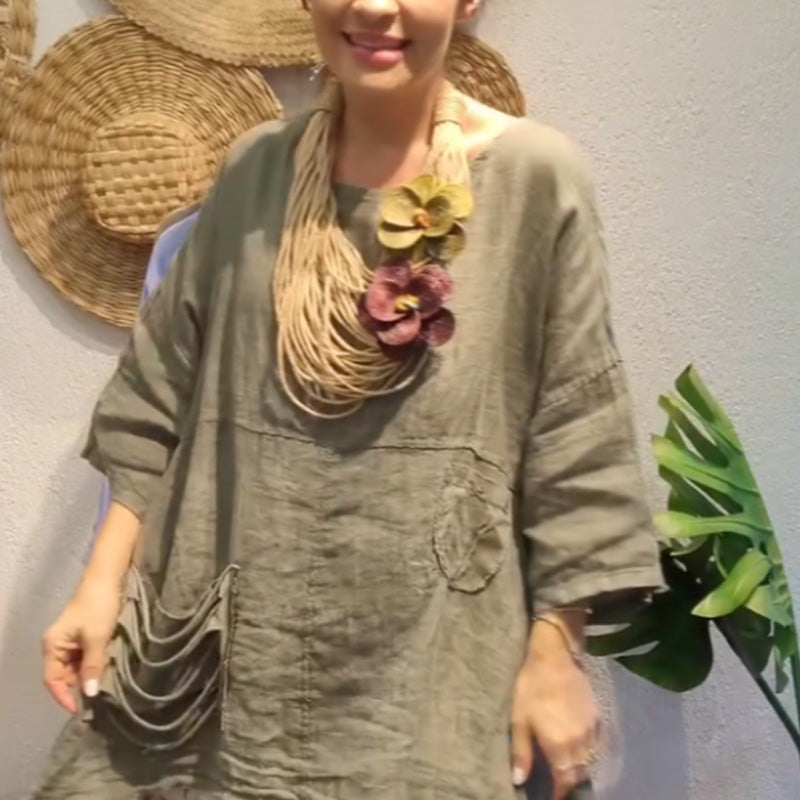 ✨Λινό τοπ με πλαϊνές τσέπες για γυναίκες με χαλαρή εφαρμογή-GR