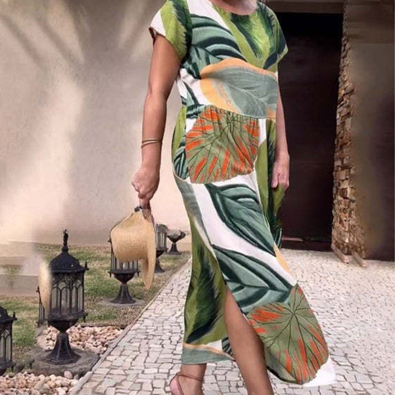 🌸 Spaustuotos šoninės skeltukų suknelės trumpomis rankovėmis moterims-LT