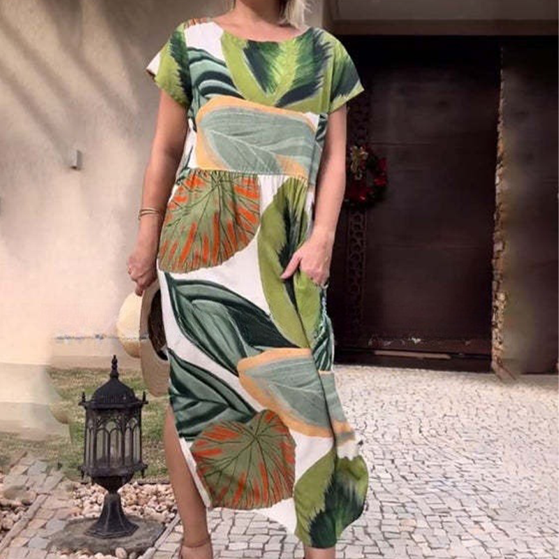 🌸 Spaustuotos šoninės skeltukų suknelės trumpomis rankovėmis moterims-LT