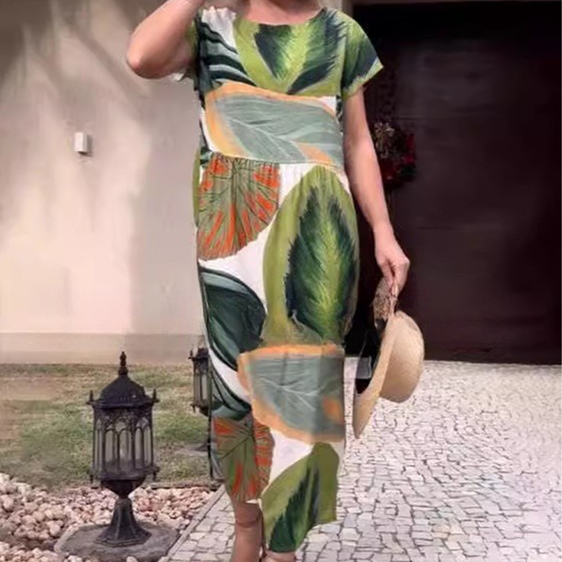 🌸 Spaustuotos šoninės skeltukų suknelės trumpomis rankovėmis moterims-LT