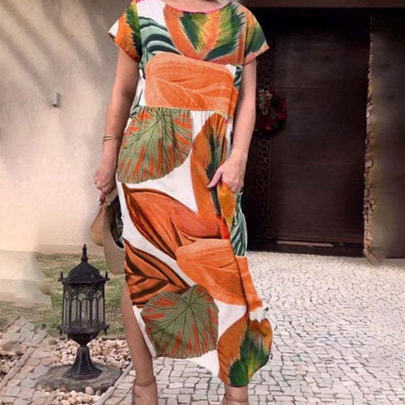 🌸 Spaustuotos šoninės skeltukų suknelės trumpomis rankovėmis moterims-LT