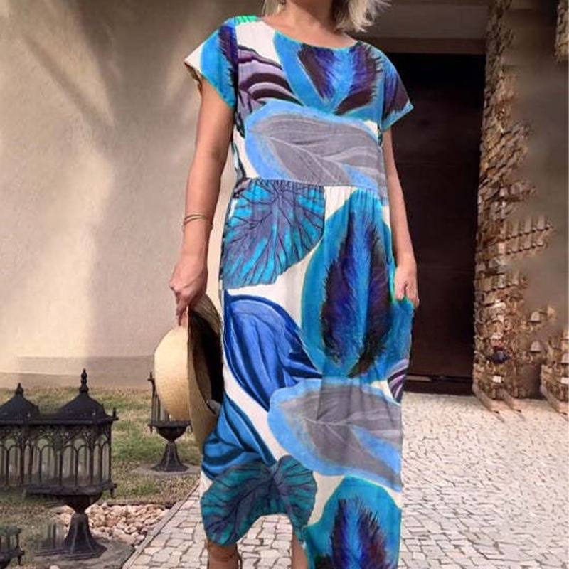 🌸 Potiskana obleka s stranskim razrezom in kratkimi rokavi s stranskim razrezom za ženske-SI