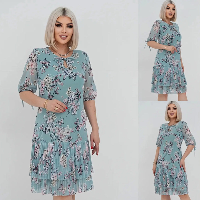 Elegantna ženska dolga obleka trumpomis rankovėmis, klostuota-LT