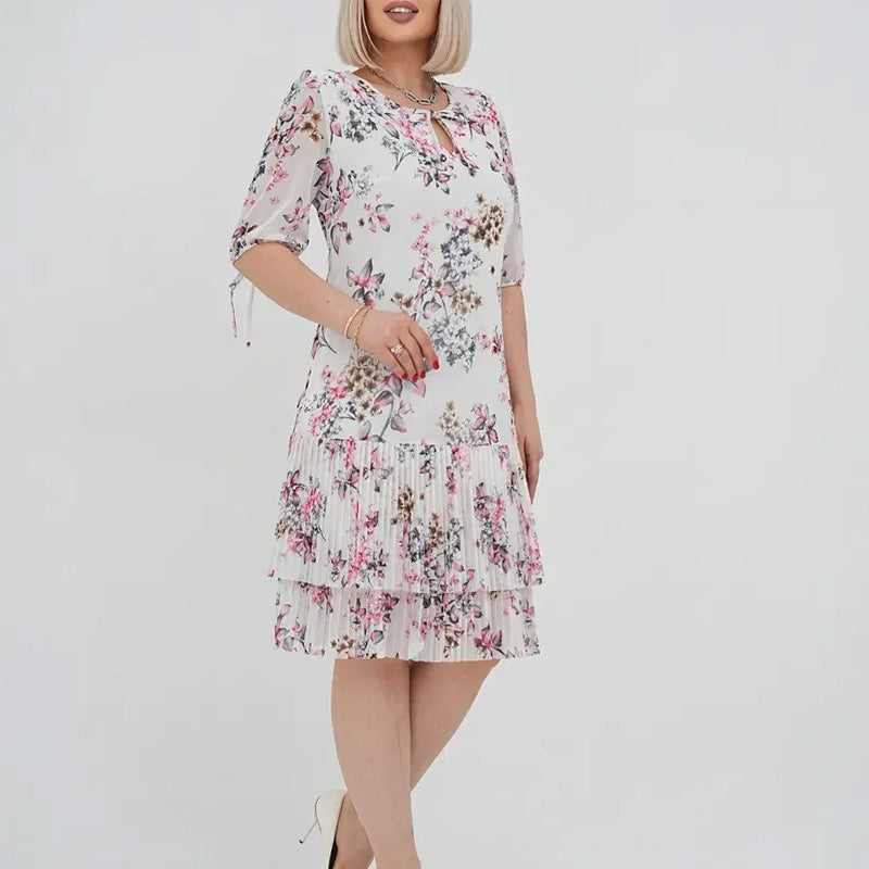 Γυναικείο κομψό φόρεμα με κοντό μανίκι και πλισέ μακρύ φόρεμα-GR