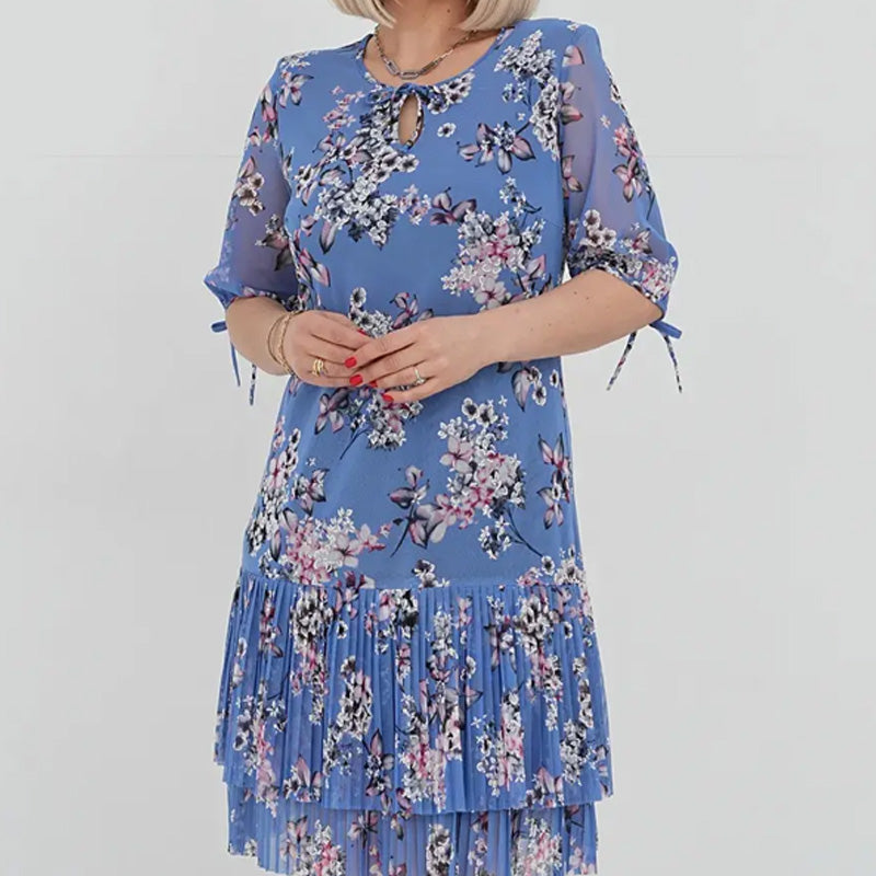 Γυναικείο κομψό φόρεμα με κοντό μανίκι και πλισέ μακρύ φόρεμα-GR