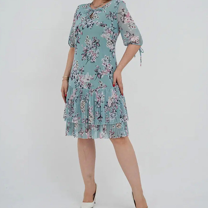 Γυναικείο κομψό φόρεμα με κοντό μανίκι και πλισέ μακρύ φόρεμα-GR