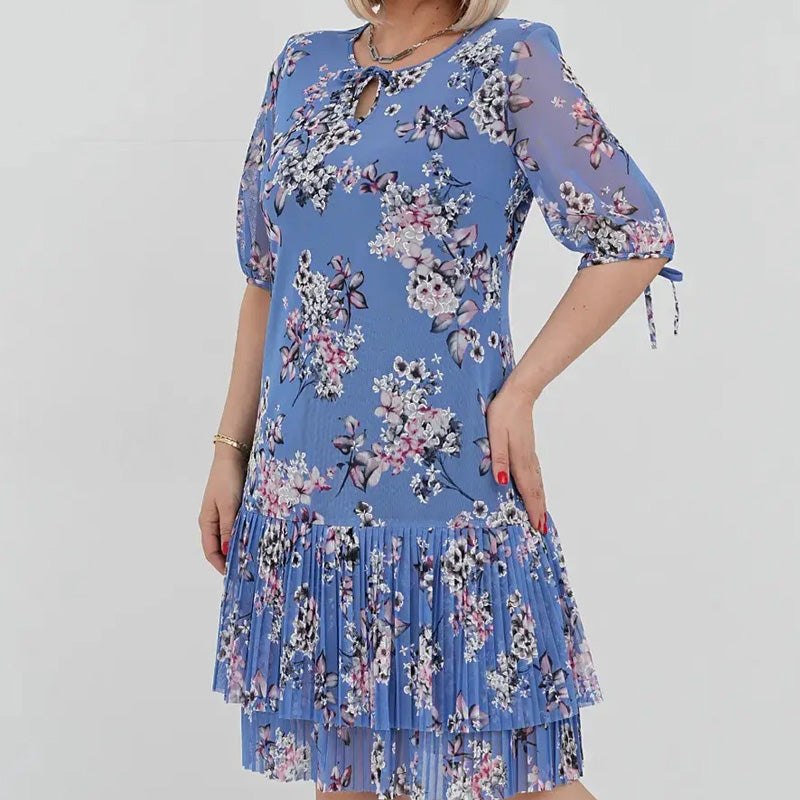 Γυναικείο κομψό φόρεμα με κοντό μανίκι και πλισέ μακρύ φόρεμα-GR