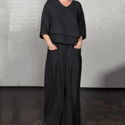 Σετ δύο τεμαχίων με ακανόνιστο στρίφωμα, κοντομάνικο από βαμβάκι και λινό-GR