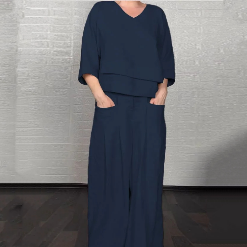 Σετ δύο τεμαχίων με ακανόνιστο στρίφωμα, κοντομάνικο από βαμβάκι και λινό-GR