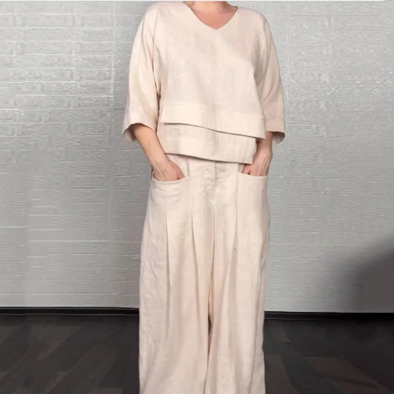 Σετ δύο τεμαχίων με ακανόνιστο στρίφωμα, κοντομάνικο από βαμβάκι και λινό-GR