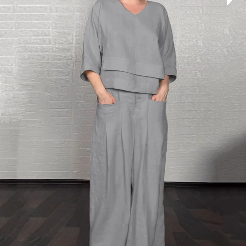 Σετ δύο τεμαχίων με ακανόνιστο στρίφωμα, κοντομάνικο από βαμβάκι και λινό-GR