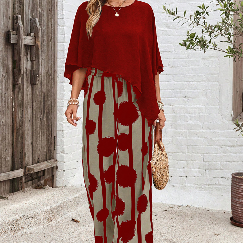 Κομψό σετ με τοπ με μανίκια τριών τετάρτων και παντελόνι με σχέδια-GR