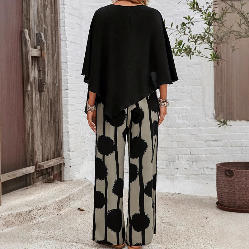 Κομψό σετ με τοπ με μανίκια τριών τετάρτων και παντελόνι με σχέδια-GR